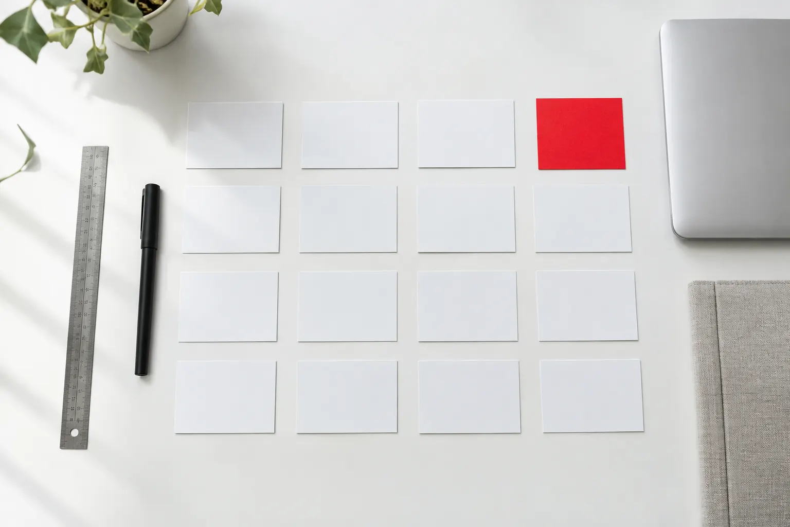 Bureau blanc ordonné avec fiches vierges alignées et carré rouge, ambiance de fiche d’identité