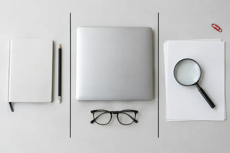Trois espaces de travail distincts sur une table claire, symbole des métiers du référencement