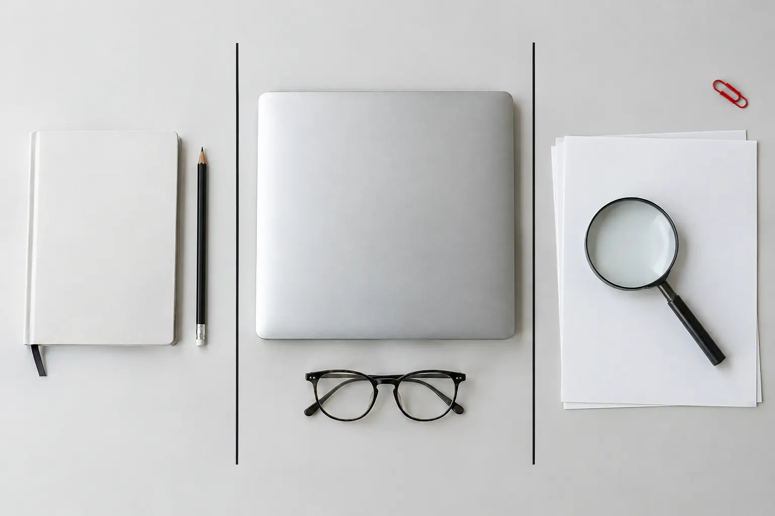 Trois espaces de travail sur une table claire, image de la différence entre expert SEO, consultant SEO et référenceur