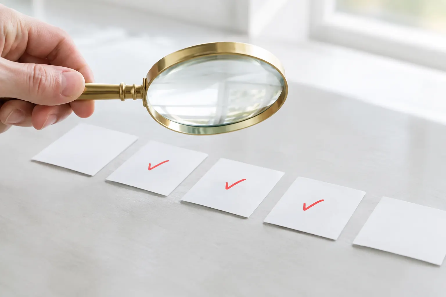 Main tenant une loupe au-dessus de cartes blanches cochées en rouge, pour vérifier le sérieux d’un expert SEO